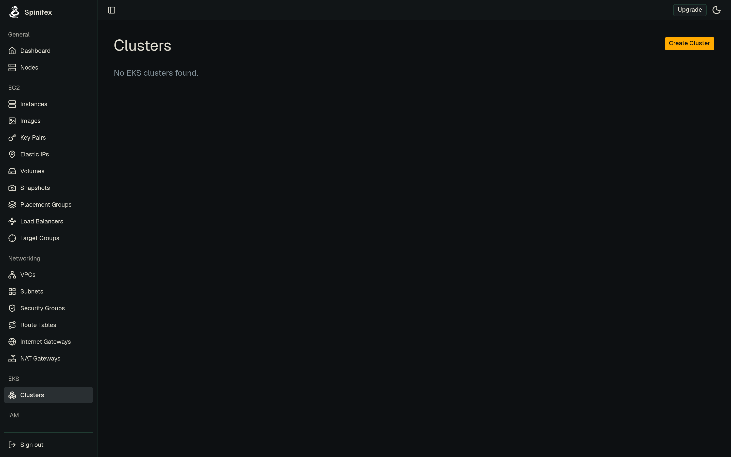 The EKS Clusters list in the Spinifex console, with a Create Cluster button