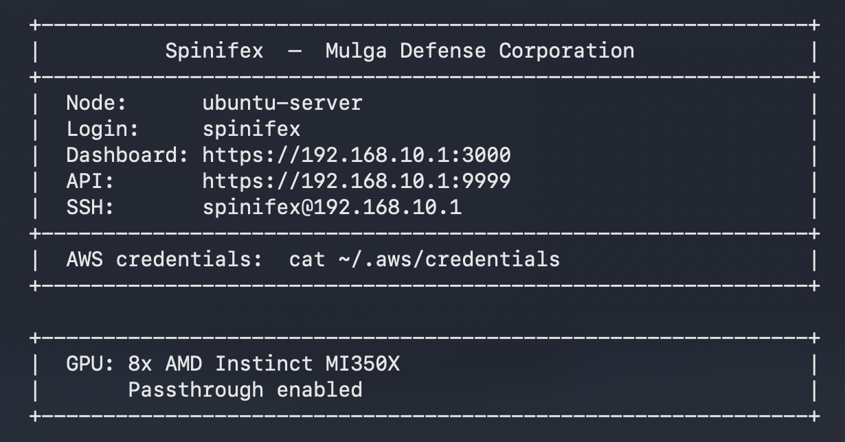 Spinifex console confirming PCIe passthrough is active for each GPU
