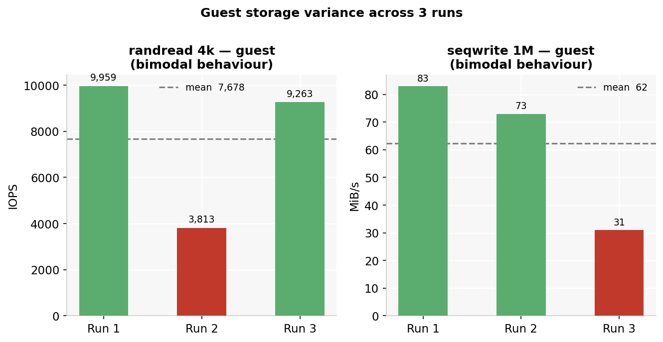 Guest storage variance across 3 runs: randread and seqwrite show bimodal behaviour
