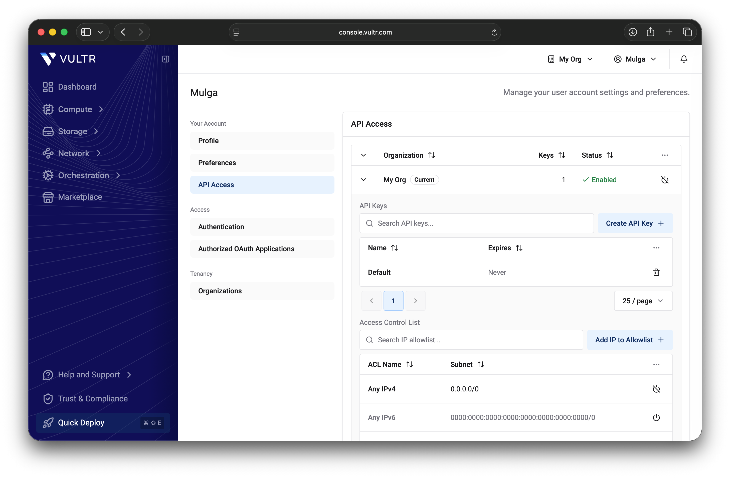 Vultr API Access page, showing an API key and an access control list that allows 0.0.0.0/0
